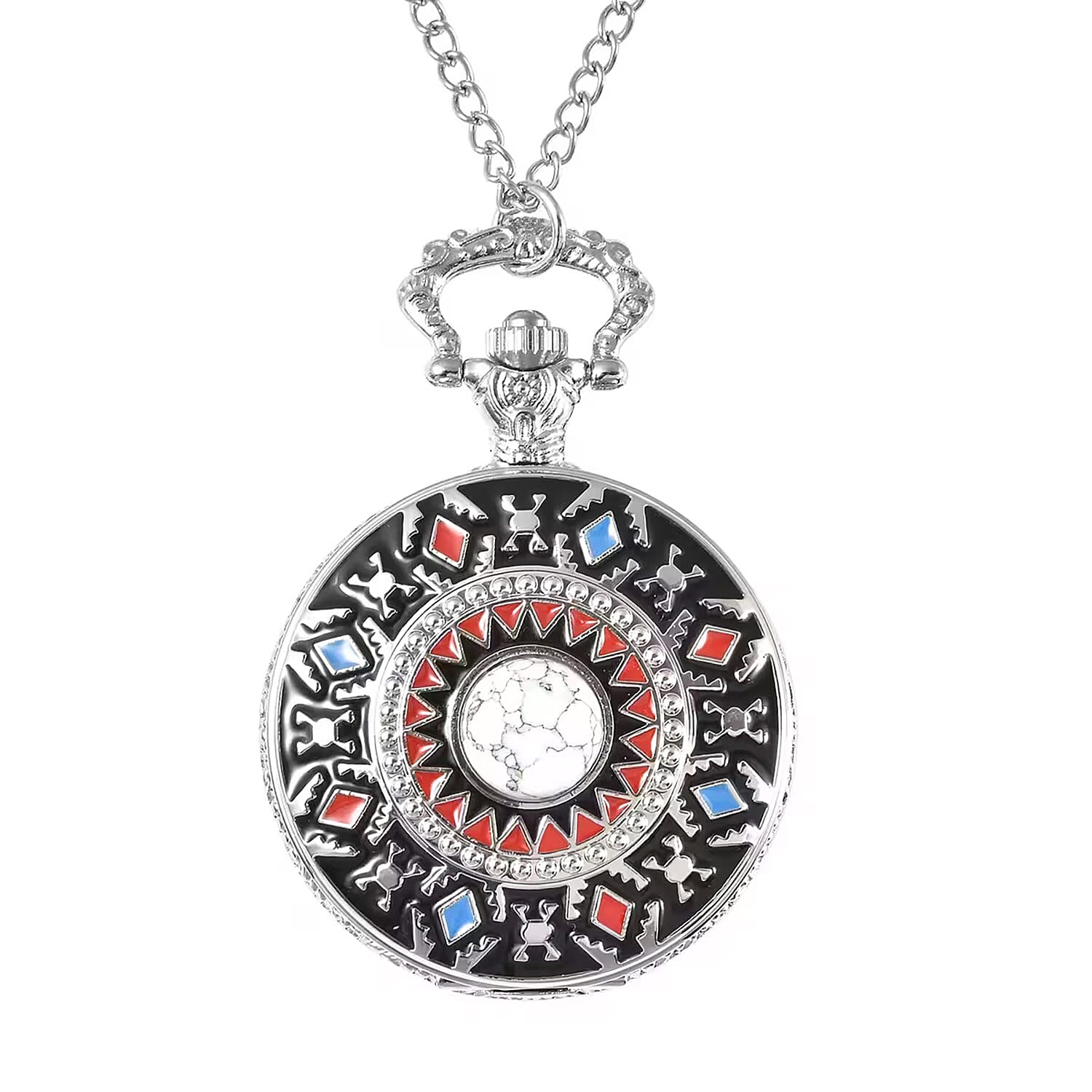 Strada Crystal Japanese Movement Carved Moon & Star Pocket Watch with Chain 31 Inches