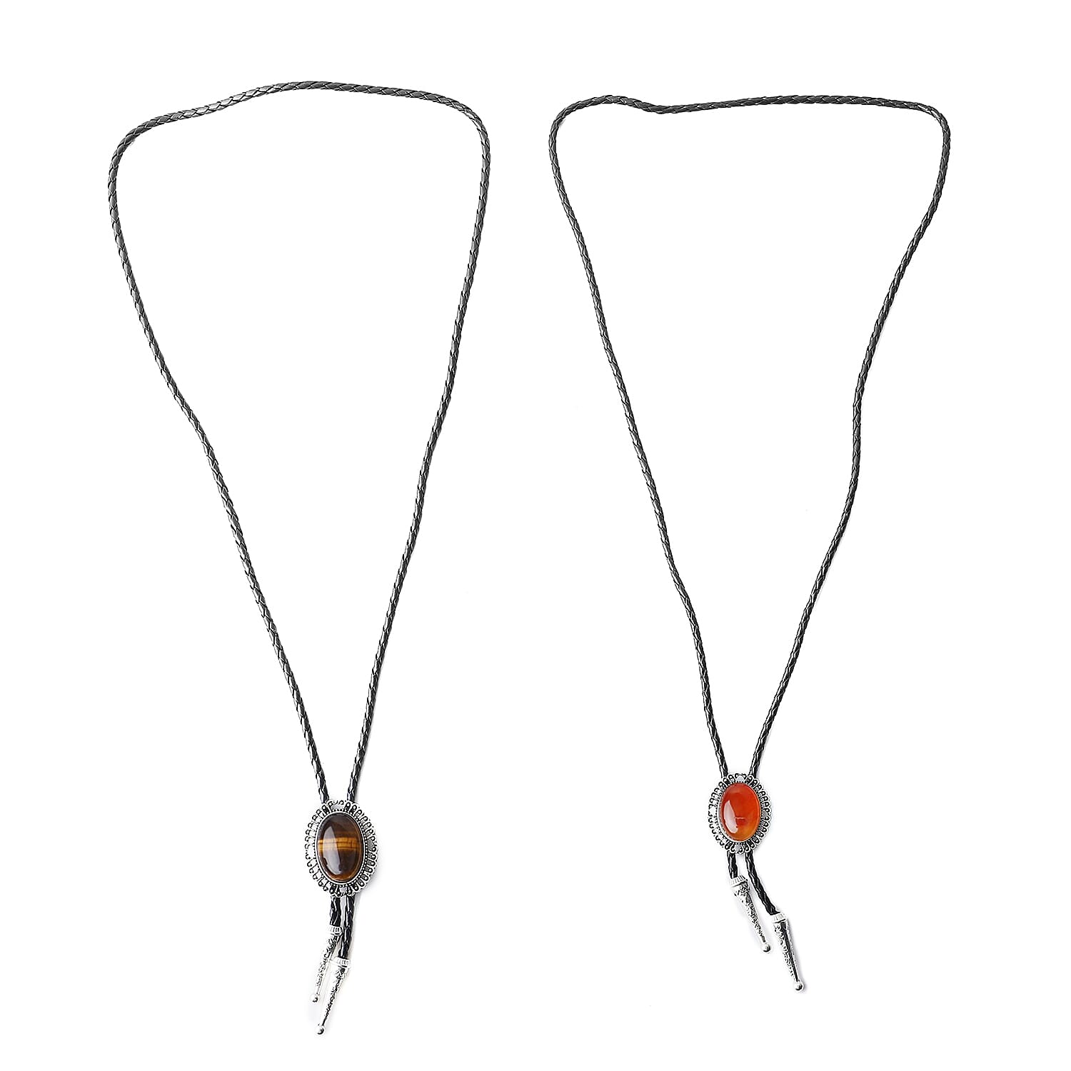 Set of 2 Enhanced Red Agate, South African Yellow Tiger's Eye, Faux Leather Adjustable Lariat Necklace 18-34 Inches in Silvertone