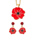Red and Black Austrian Crystal and Enameled Poppy Flower Pendant Necklace 24 Inches and Earrings in Goldtone - Sticky add to cart bar