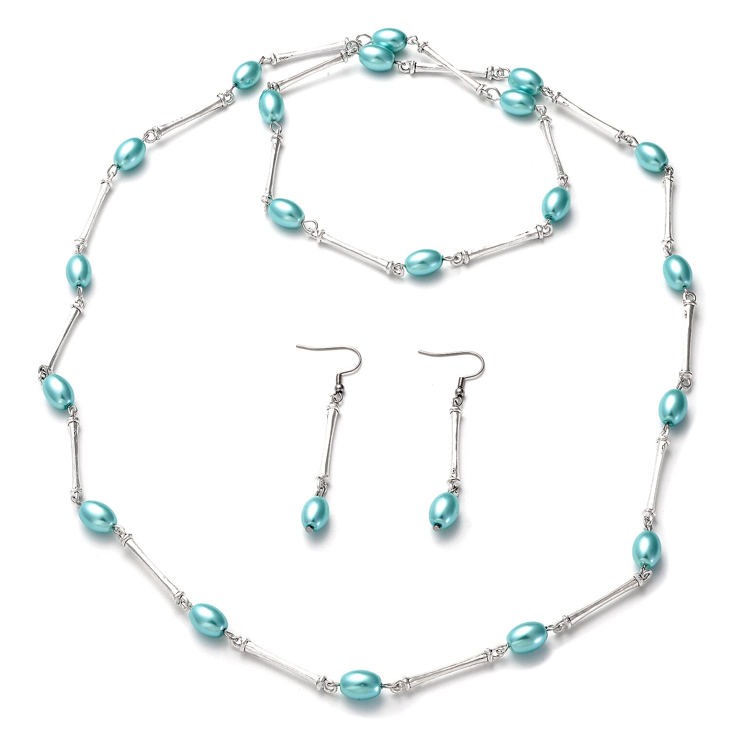 Simulated Light Blue Pearl 7-9mm Beaded Necklace 38 Inches and Earrings in Stainless Steel