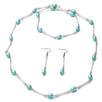 Simulated Light Blue Pearl 7-9mm Beaded Necklace 38 Inches and Earrings in Stainless Steel