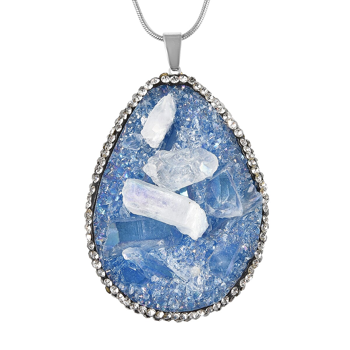 Blue Drusy Quartz, White and Hematite Color Crystal Pendant Necklace (20-22 Inches) in Silvertone