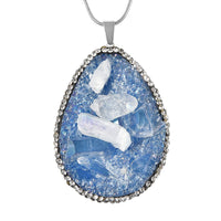 Blue Drusy Quartz, White and Hematite Color Crystal Pendant Necklace (20-22 Inches) in Silvertone