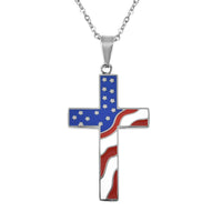 Enameled American National Flag Cross Pendant Necklace 24 Inches in Stainless Steel