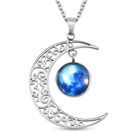 Blue Resin Crescent Moon with Charm Pendant Necklace (20 Inches) in Stainless Steel