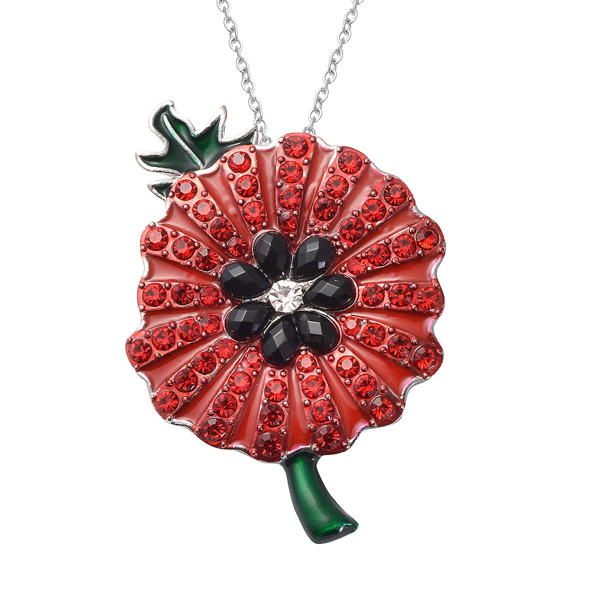 Black Resin and Red and White Austrian Crystal Enameled Poppy Design Brooch or Pendant Necklace 24 Inches in Silvertone