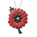 Black Resin and Red and White Austrian Crystal Enameled Poppy Design Brooch or Pendant Necklace 24 Inches in Silvertone - Sticky add to cart bar