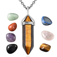 South African Tiger's Eye Pendant Neckalce (20 Inches) with 7 Chakra Tumbled Gemstones in Silvertone and Stainless Steel 307.50 ctw