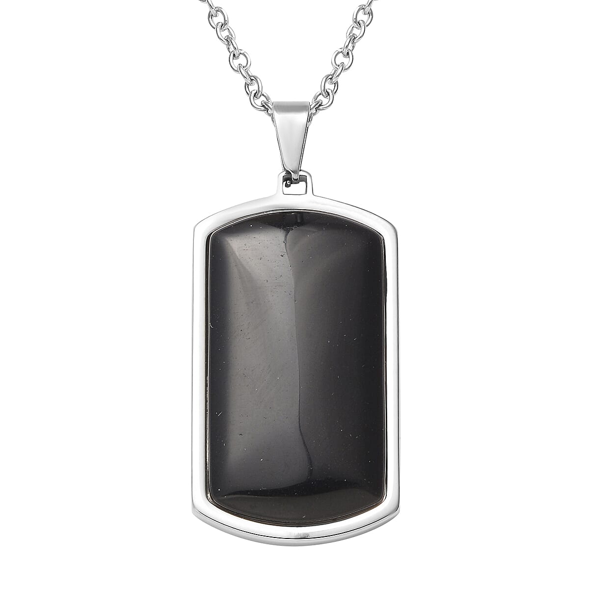 Black Agate Dog Tag Pendant Necklace (24 Inches) in Stainless Steel 23.40 ctw