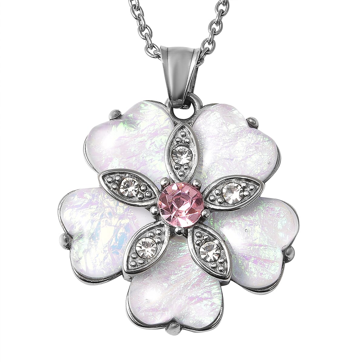 Lab Created Opal and White and Pink Austrian Crystal Flower Pendant Necklace 20 Inches in Stainless Steel