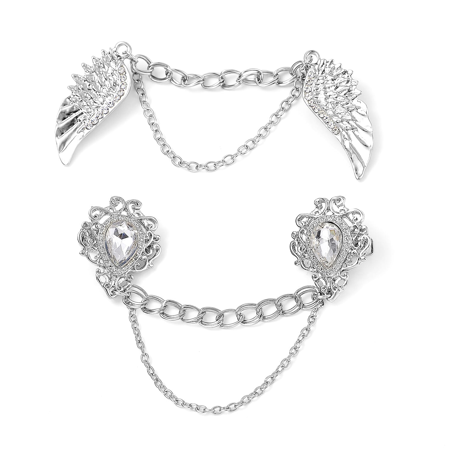 Set of 2 Austrian Crystal and White Glass Angel Wing & Victorian Style Shirt Ornament in Silvertone