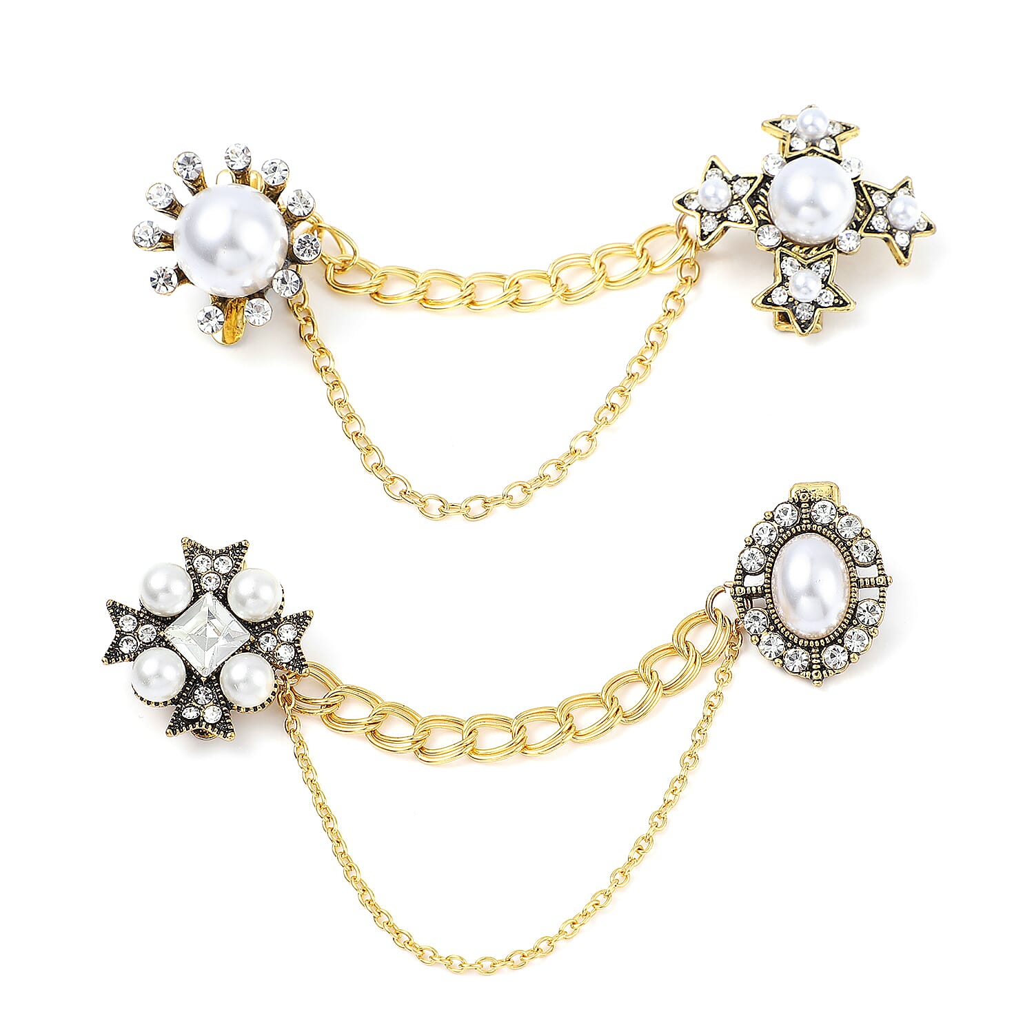 Set of 2 Austrian Crystal, White Glass and Simulated Pearl Celestial Theme & Its Grandeur Shirt Ornament or Brooch in Goldtone