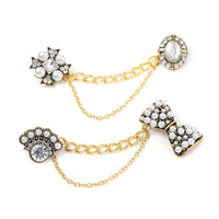 Set of 2 Austrian Crystal, White Glass and Simulated Pearl Victorian Era & Its Grandeur Shirt Ornament or Brooch in Goldtone