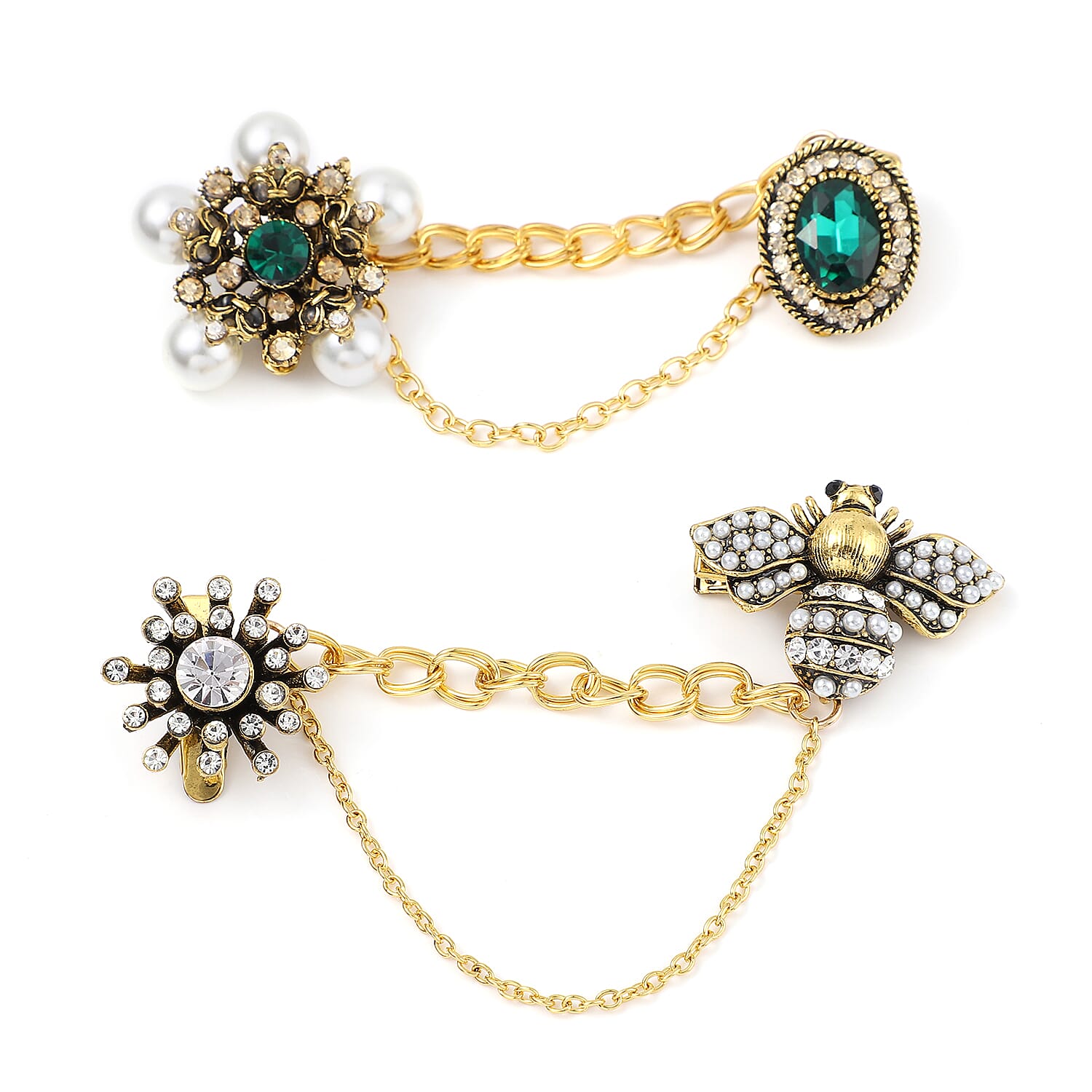 Set of 2 Multi Austrian Crystal, Simulated Pearl and Simulated Emerald Victorian Era & Its Grandeur Shirt Ornament or Brooch in Goldtone