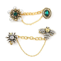 Set of 2 Multi Austrian Crystal, Simulated Pearl and Simulated Emerald Victorian Era & Its Grandeur Shirt Ornament or Brooch in Goldtone