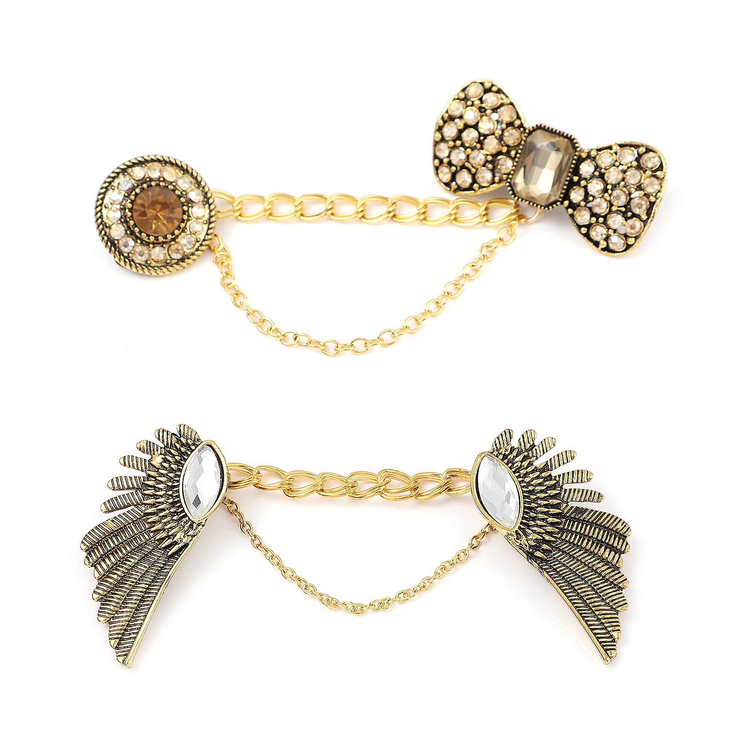 Set of 2 Champagne Austrian Crystal, White and Champagne Glass Shirt Ornament or Brooch in Goldtone