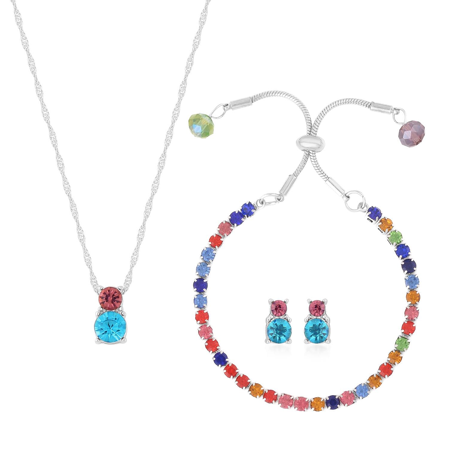 Multi Color Austrian Crystal and Glass Bracelet (6-9In), Stud Earrings and Pendant Necklace 20-22 Inches in Silvertone