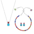 Multi Color Austrian Crystal and Glass Bracelet (6-9In), Stud Earrings and Pendant Necklace 20-22 Inches in Silvertone - Sticky add to cart bar