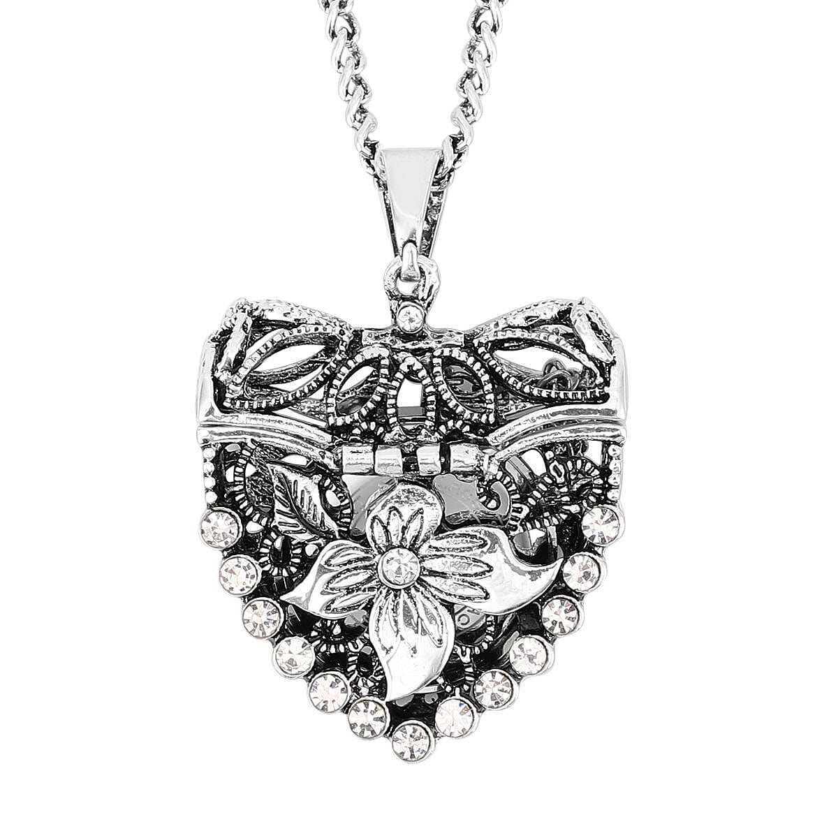 STRADA Austrian Crystal Japanese Movement Openable Heart Pendant Watch with Silvertone Chain (29-31 Inches) 3.40 ctw