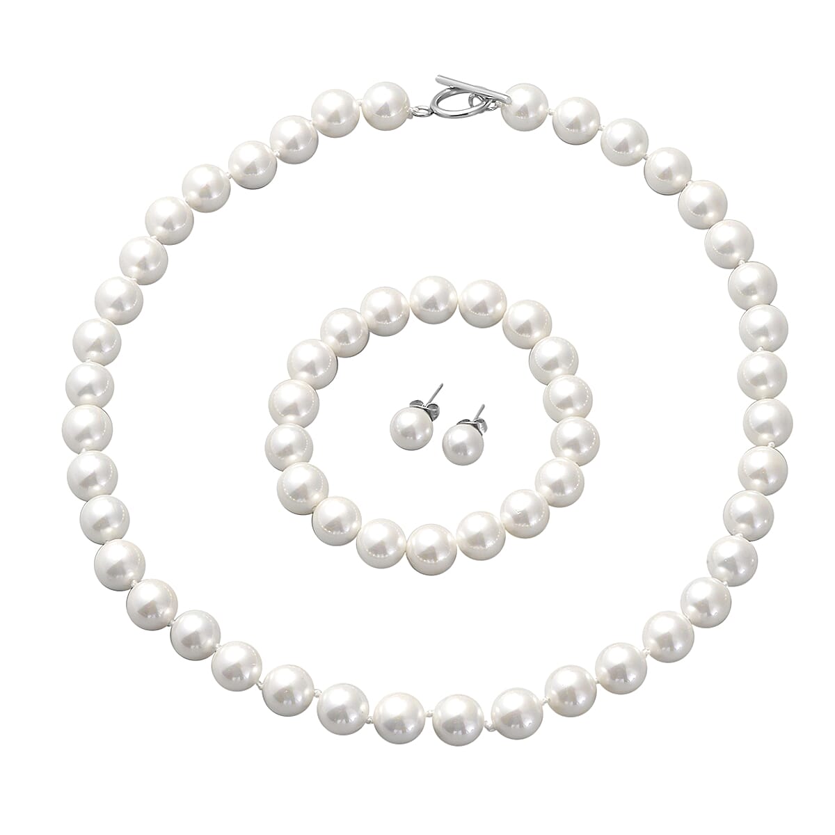 DOORBUSTER White Puka Shell Pearl Beaded Stretch Bracelet and Earrings and Necklace 20 Inches in Stainless Steel