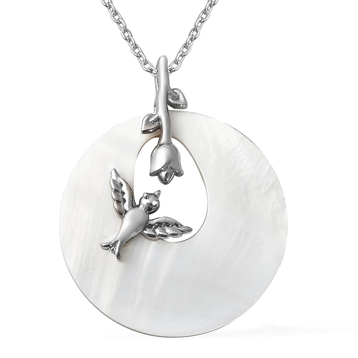 White Mother of Pearl Flora & Fauna Theme Pendant Necklace 20 Inches in Stainless Steel