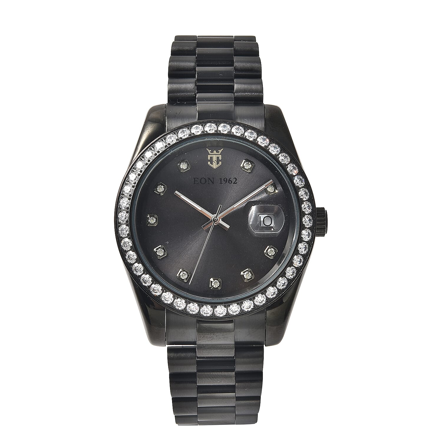 EON 1962 Swiss Movement Made with Finest CZ Watch in ION Plated Black Stainless Steel, Ear Fork and Screwdriver (41 mm)