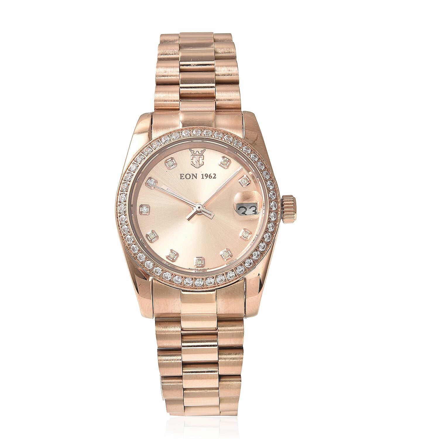 Eon 1962 Swiss Movement Lustro Stella Made with Finest CZ Watch in ION Plated RG Stainless Steel, Ear Fork and Screwdriver (31 mm)