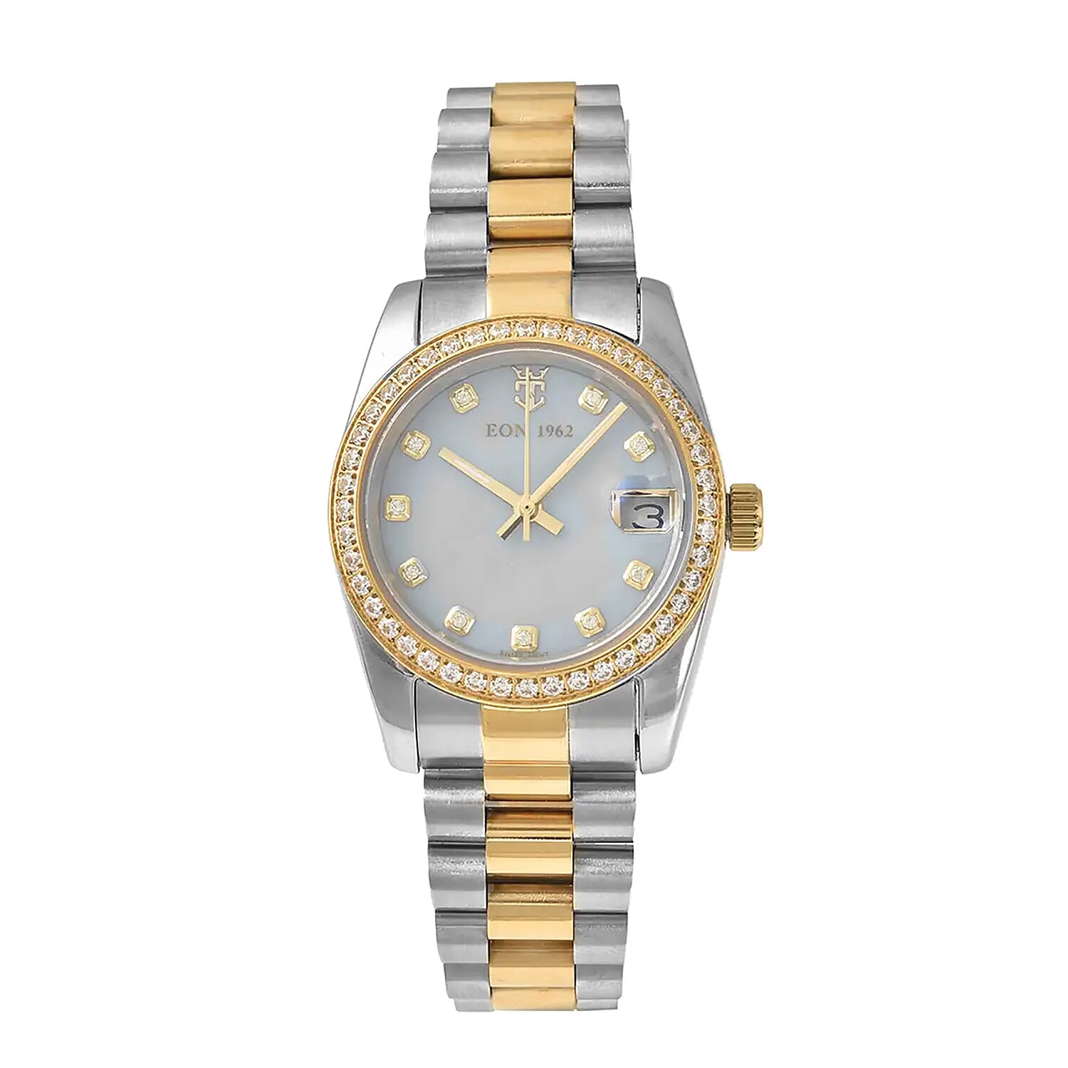 Eon 1962 Made with Finest CZ Swiss Movement MOP Dial Watch in ION Plated YG and Stainless Steel with Ear Fork and Screwdriver(31 mm) 1.85 ctw