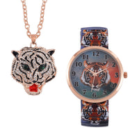 STRADA Green & White Austrian Crystal, Enameled Japanese Movement Tiger Head Pattern Stretch Watch in Stainless Steel and Tiger Head Pendant Necklace (24 Inches) in Rosetone