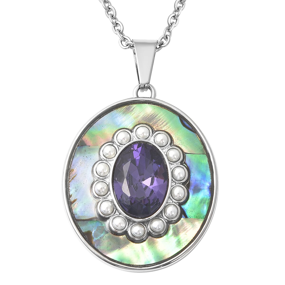 Simulated Purple Diamond and Multi Gemstone Statement Pendant Necklace 20 Inches in Stainless Steel 1.75 ctw