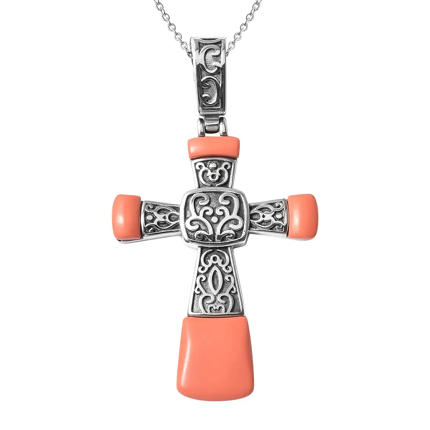 Coral Cross Pendant Necklace 20 Inches in Stainless Steel 7.10 ctw
