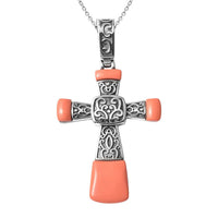 Coral Cross Pendant Necklace 20 Inches in Stainless Steel 7.10 ctw