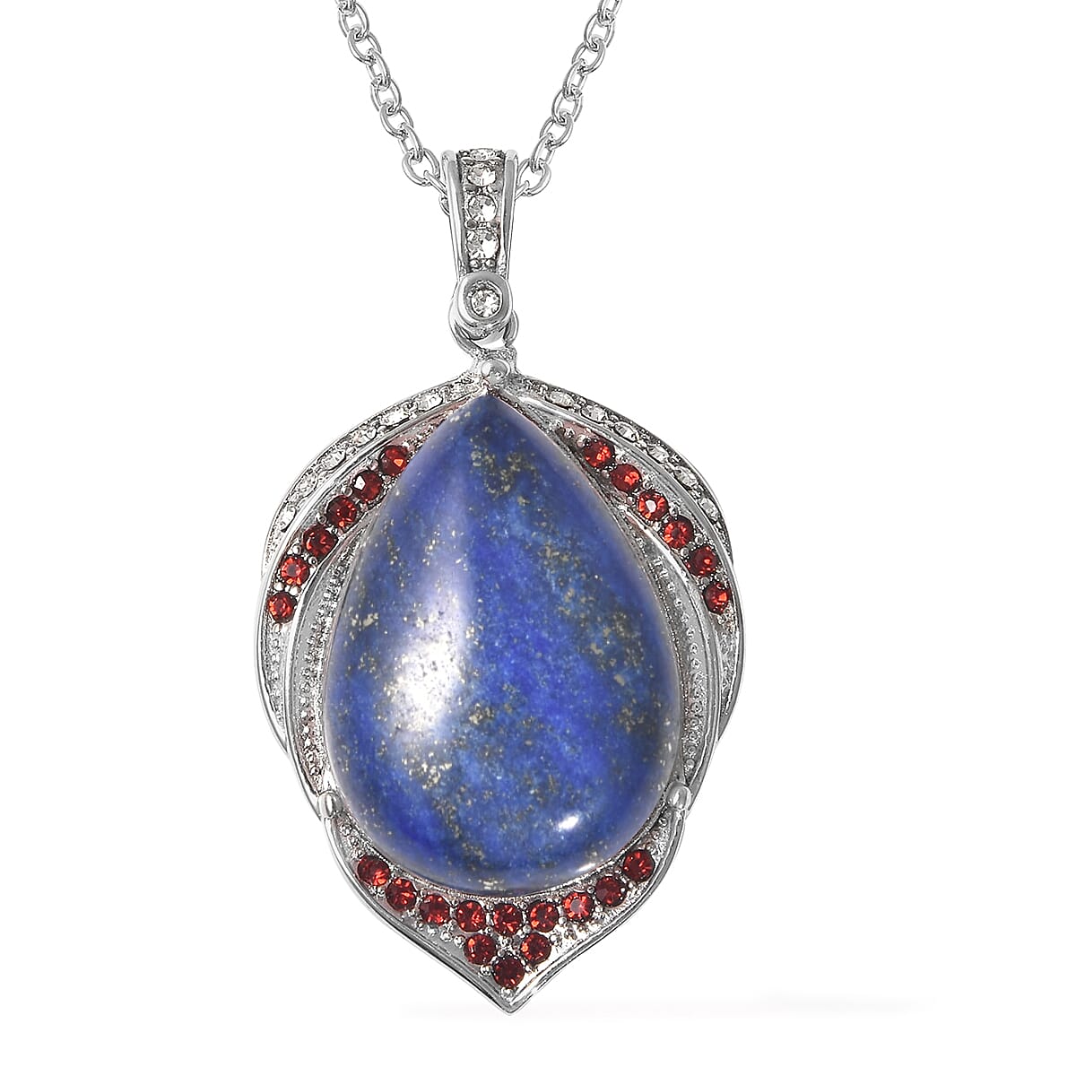 Lapis Lazuli, White and Red Austrian Crystal Pendant Necklace (20 Inches) in Stainless Steel 17.20 ctw