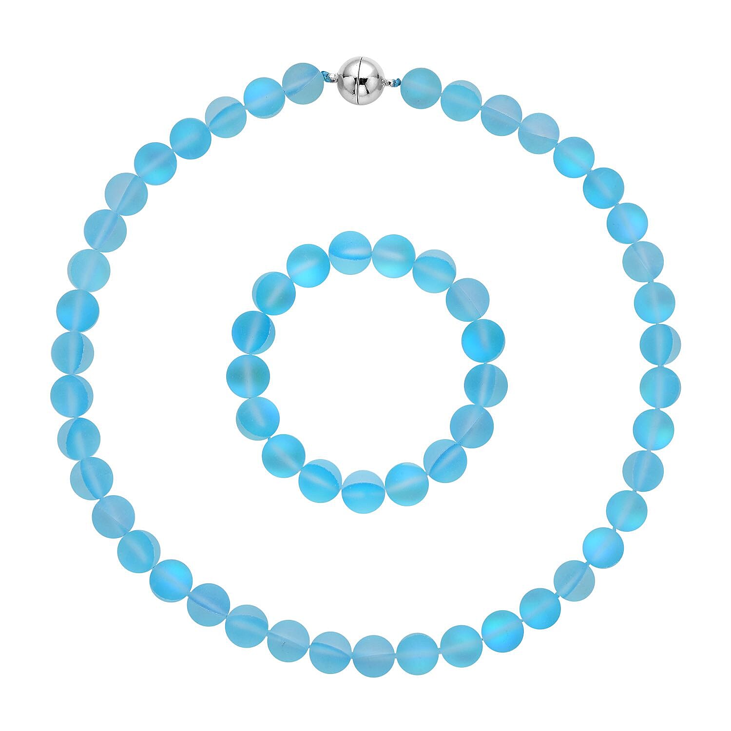 DOORBUSTER Simulated Aqua Blue Color Mystic Topaz Beaded Stretch Bracelet and Necklace (20 Inches) in Silvertone