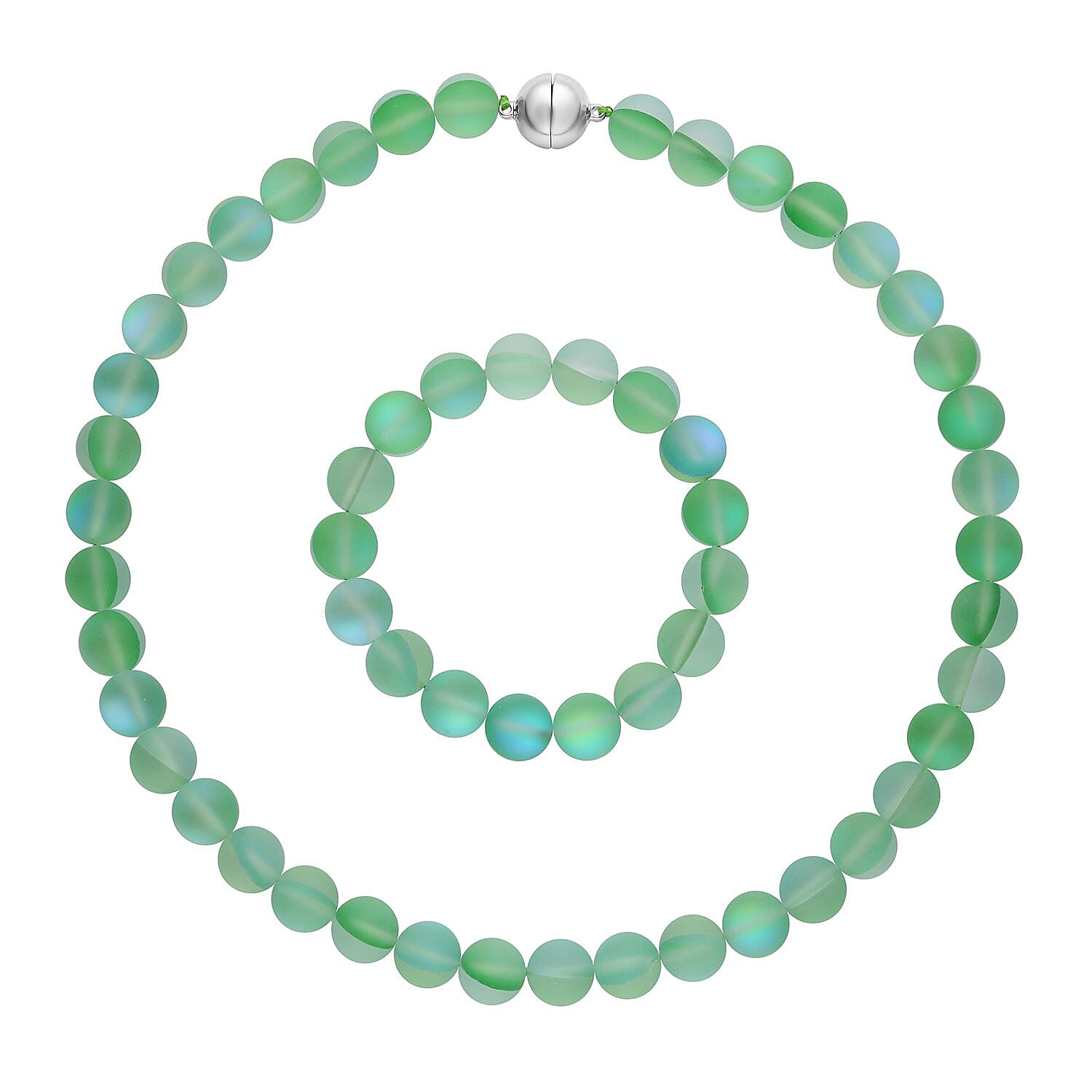 DOORBUSTER Simulated Aqua Blue Color Mystic Topaz Beaded Stretch Bracelet and Necklace (20 Inches) in Silvertone