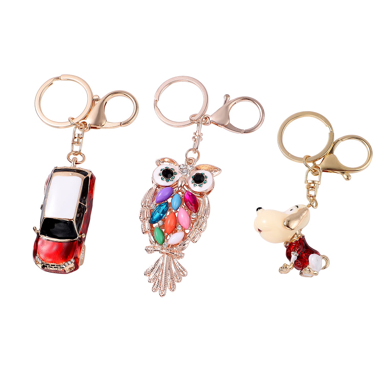 Set of 3 Resin, White and Black Austrian Crystal, Enameled Car, Panda and Owl Keychain in Goldtone and Rosetone 2.30 ctw