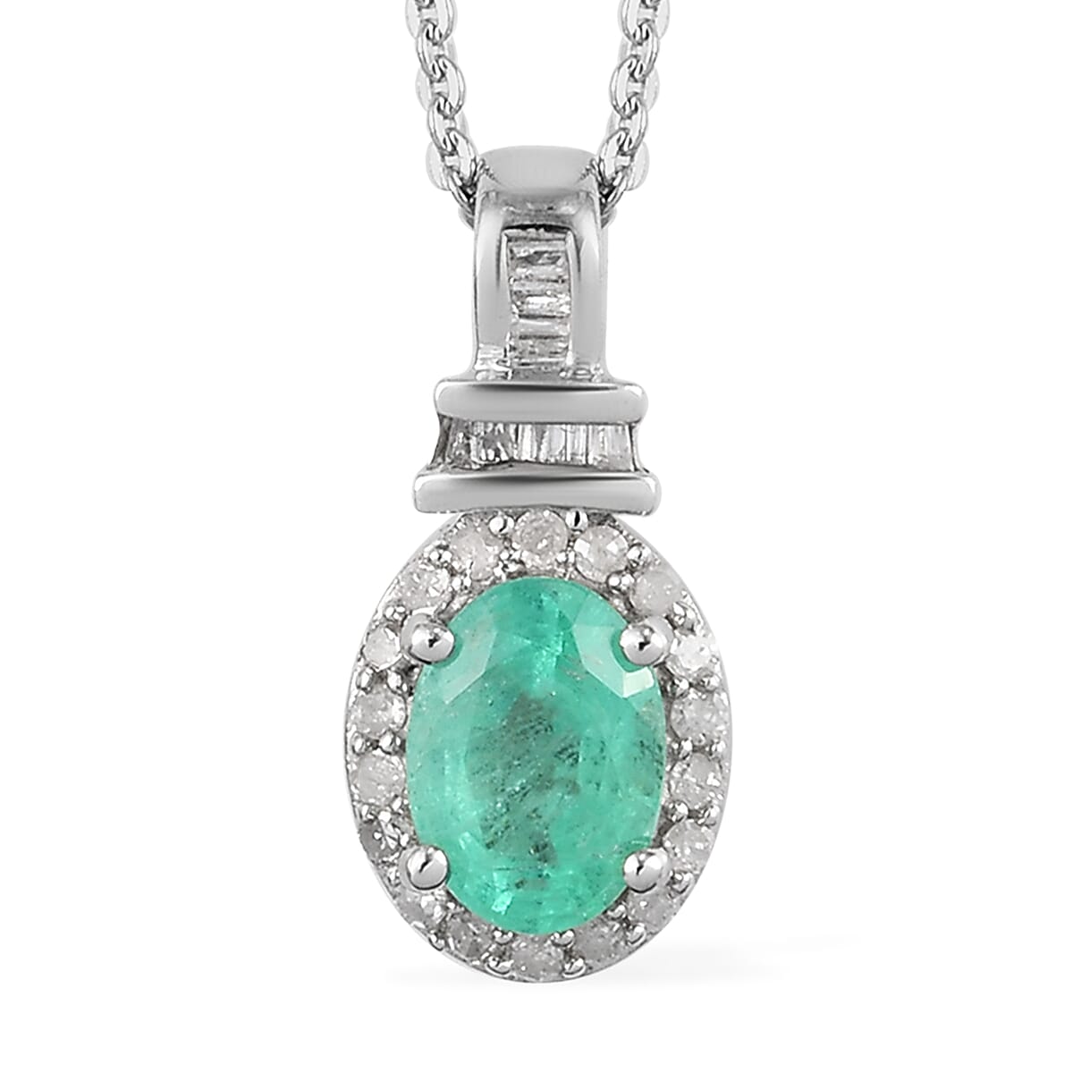 Kagem Zambian Emerald, Diamond Pendant Necklace (20 Inches) in Platinum Over Sterling Silver 0.85 ctw