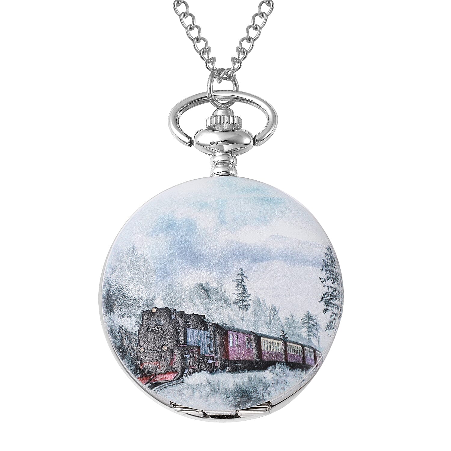 STRADA Japanese Movement 3D Winter The Train Pattern Pocket Watch with Chain (31 Inches)
