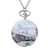 STRADA Japanese Movement 3D Winter The Train Pattern Pocket Watch with Chain (31 Inches)