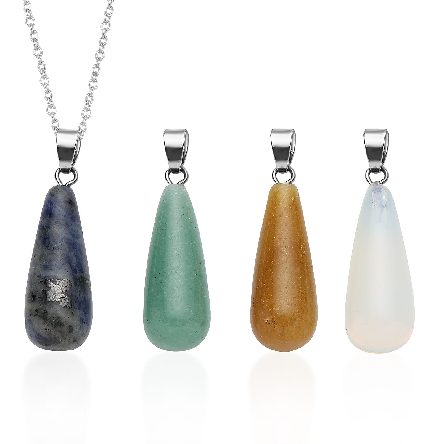 Green Aventurine, Sodalite, Opalite, Yellow Quartzite Set of 4 Pendants With Chain 20 Inches in Silvertone 64.00 ctw