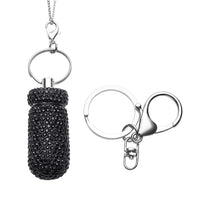 Blue Austrian Crystal Pill Case Pendant Necklace 23.5 Inches and Keychain in Silvertone & Stainless Steel
