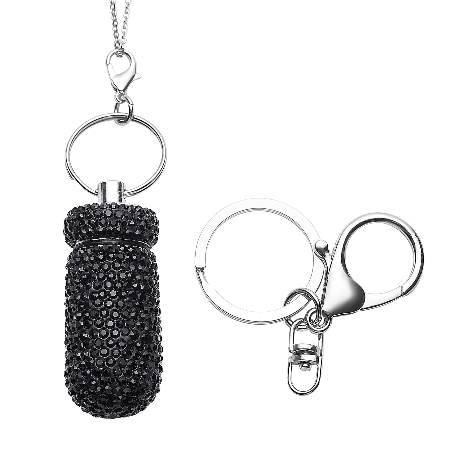 Blue Austrian Crystal Pill Case Pendant Necklace 23.5 Inches and Keychain in Silvertone & Stainless Steel (1)