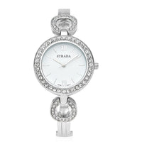 STRADA White Cystal Japanese Movement Watch in Silvertone Strap with Replacement Ring - Steel Color, Black, Purple, Dark Blue