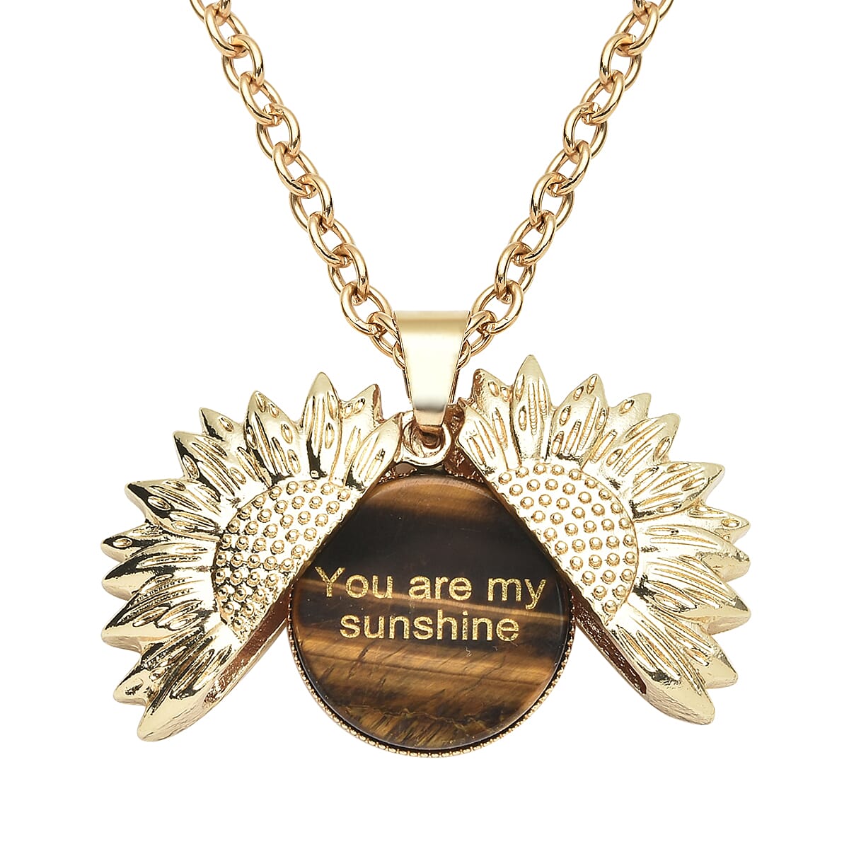 Coin Shape South African Yellow Tiger's Eye Sunflower Surprise Pendant Necklace 24-26 Inches in Goldtone 24.00 ctw