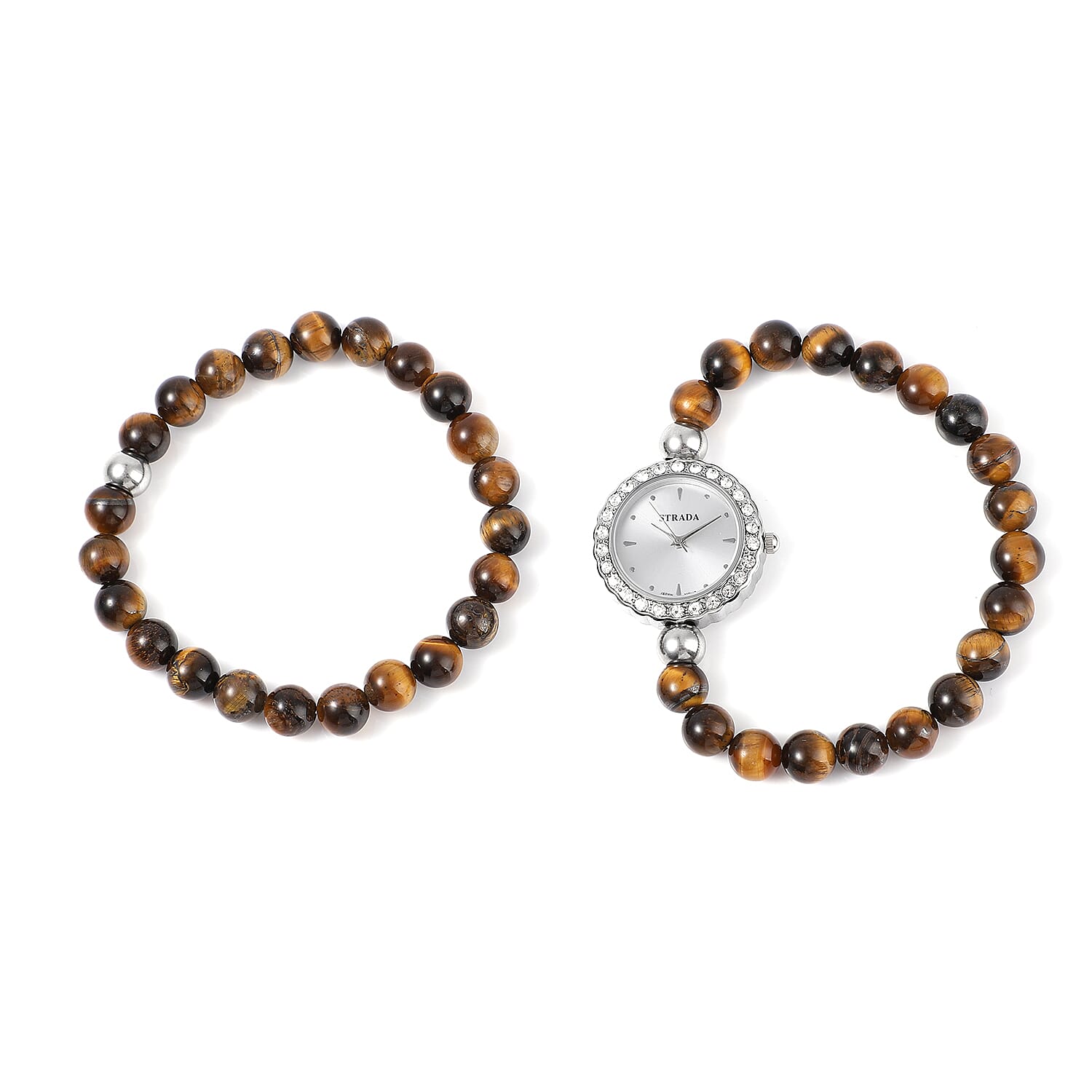 Set of 2 STRADA Japanese Movement White Austrian Crystal, Tiger's Eye Beaded Bracelet Watch with Matching Bracelet in Stainless Steel 176.50 ctw