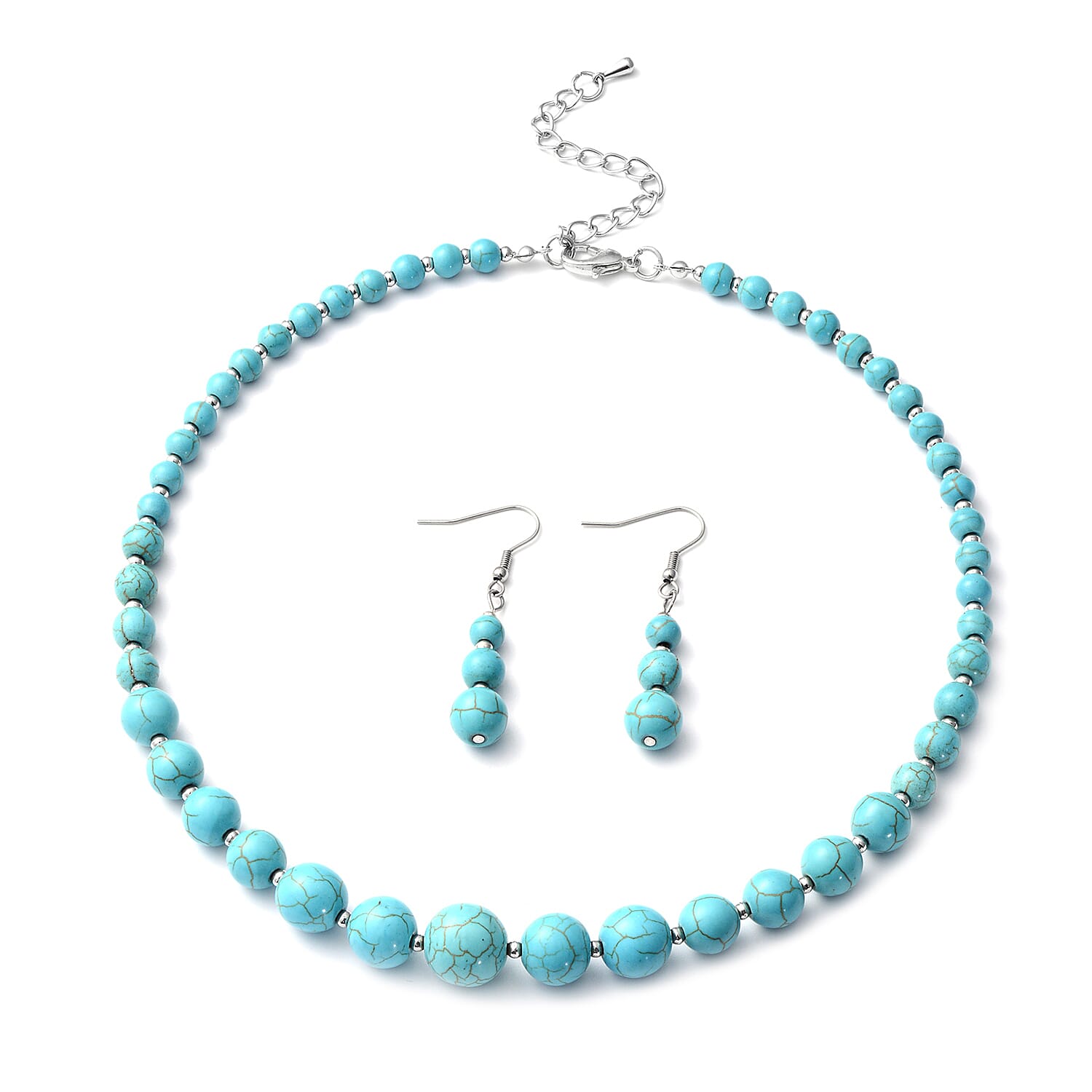 Blue Howlite Beaded Necklace (18 Inches) and Earrings in Silvertone 178.00 ctw