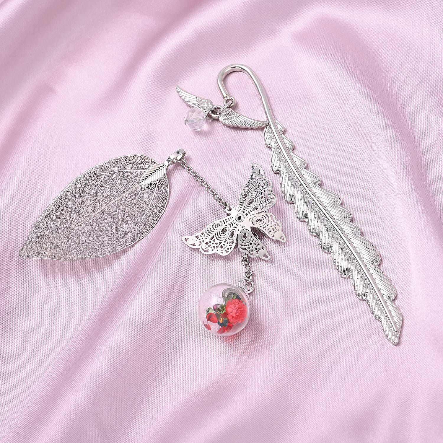 Set of 2 Multi Austrian Crystal, Angle Wing Charm, Butterfly and Dried Flower with Metallic Feather and Leaf Bookmarks in Silvertone