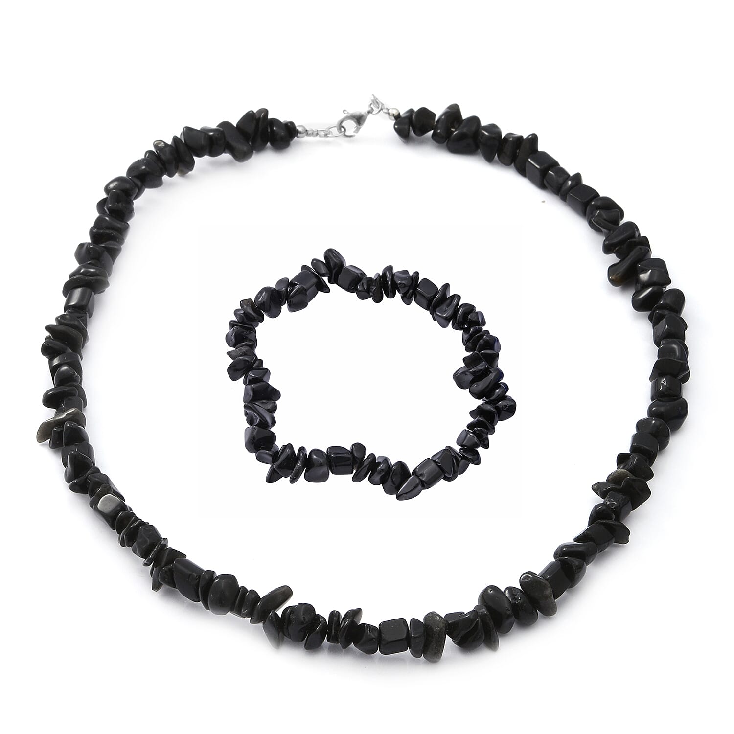 Black Obsidian Beaded Stretch Bracelet and Beaded Necklace (18 Inches) in Sterling Silver 170.00 ctw
