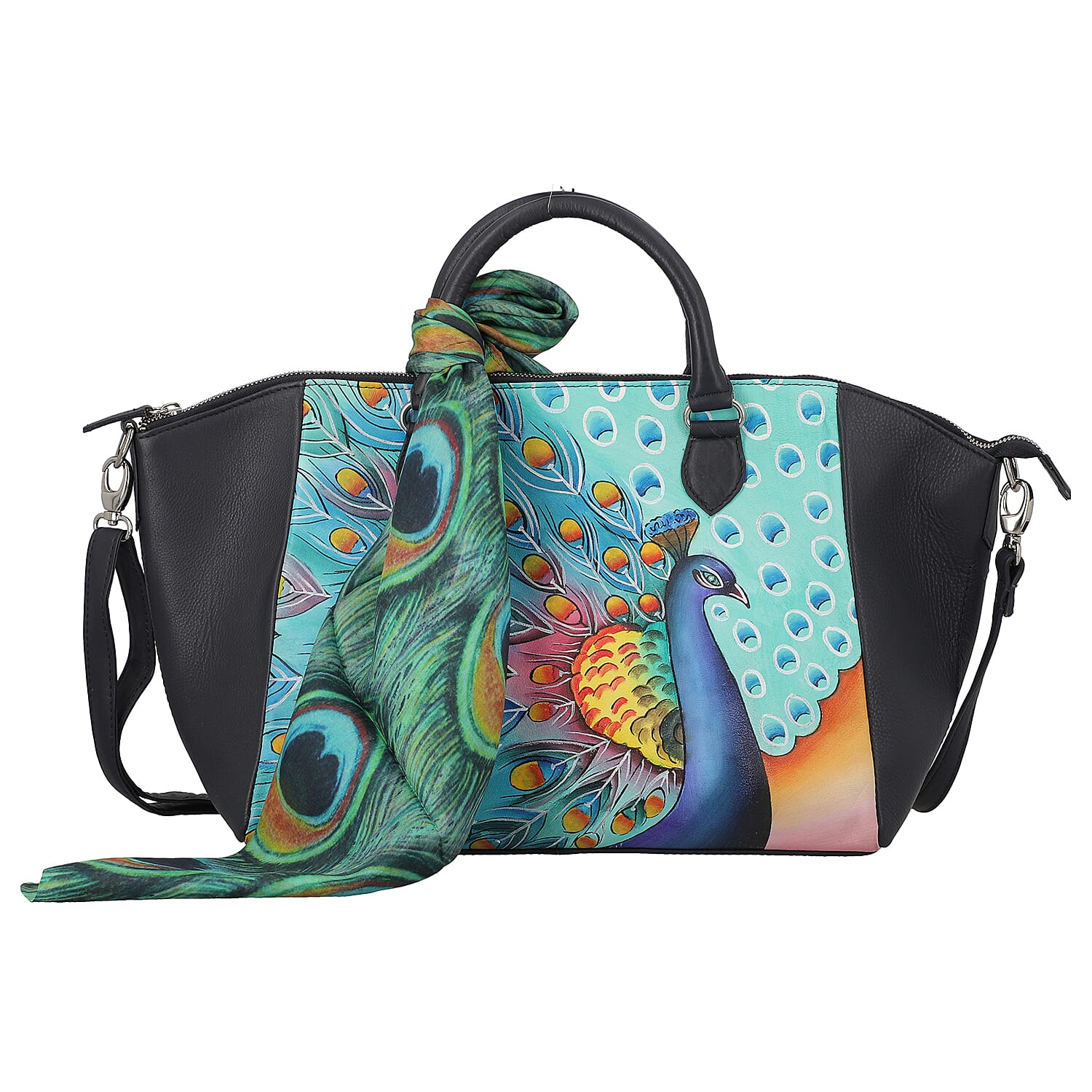 SUKRITI Black Peacock Pattern Genuine Leather Satchel Bag with Matching Silk Scarf