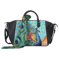 SUKRITI Black Peacock Pattern Genuine Leather Satchel Bag with Matching Silk Scarf - Sticky add to cart bar